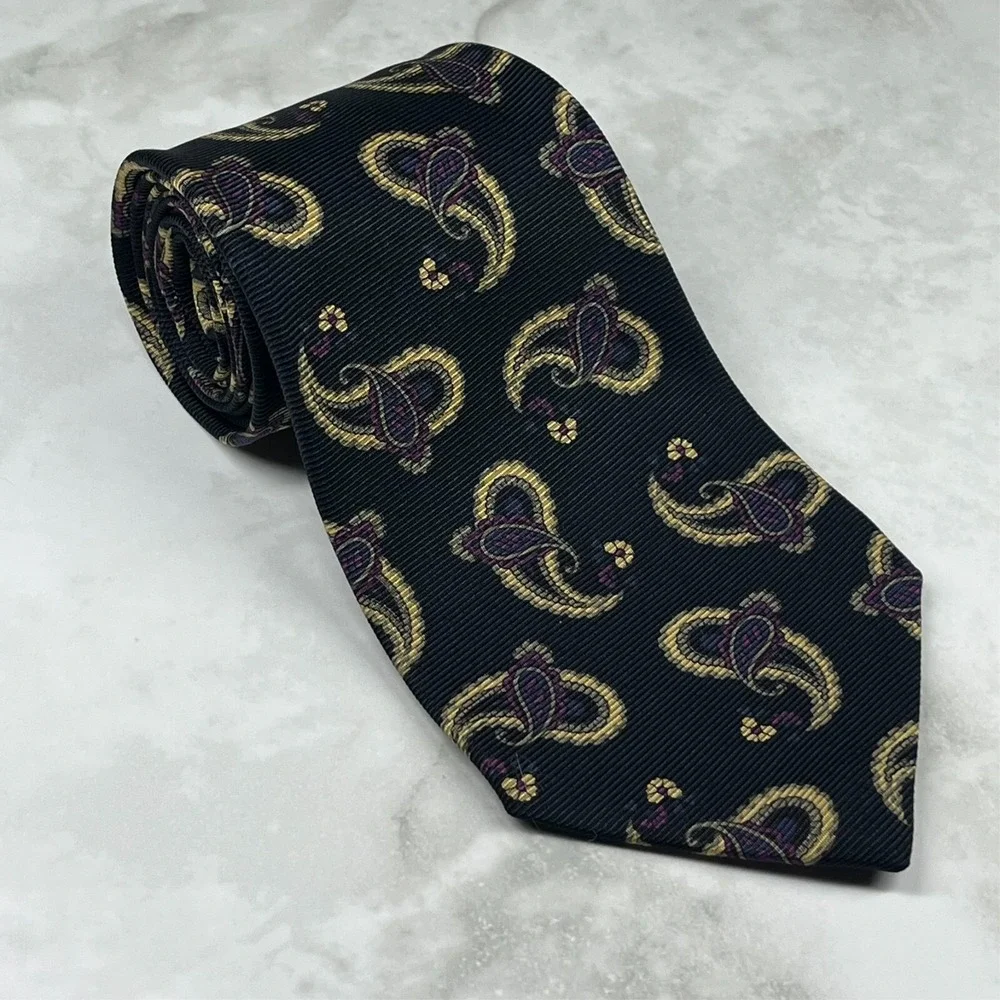 Gitman Bros Saks Fifth Ave Repp Silk Men's Necktie Paisley Black Purple USA‎